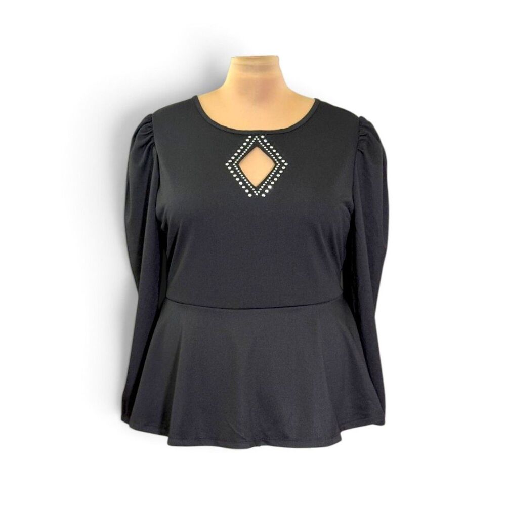 Love Forever ASHLEY STEWART Black Peplum Knit Top Rhinestones, NWT! Size 3X